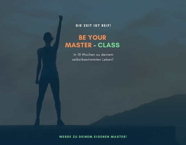Be Your Master – Videokurs für Resilienz von Marc Chapoutier 1 Be Your Master-Class Hero-Banner mit Silhouette einer Frau mit erhobener Faust auf bergiger Landschaft