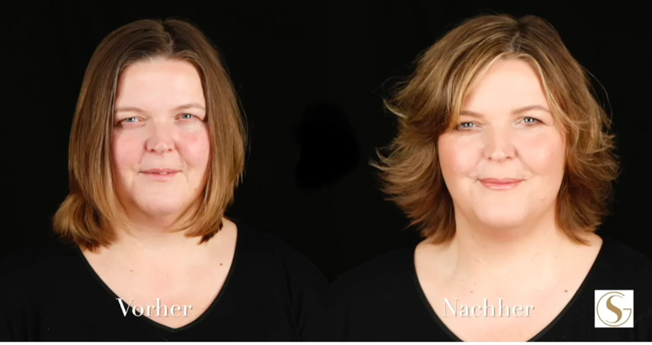Vorher-Nachher-Vergleich einer Frau mit Frisurveränderung, links glattes Haar, rechts lockiges Haar