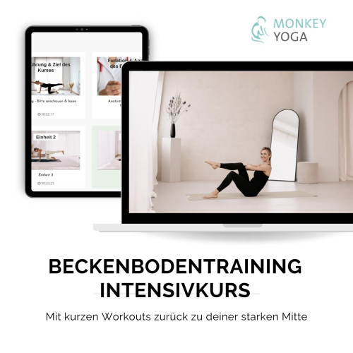 Beckenboden Intensivkurs – Video-Workouts für Frauen von Monkey Yoga 1 Mockup zeigt Beckenbodentraining-Intensivkurs von Monkey Yoga auf Tablet und Laptop mit Übungsvideo und Kursmodule