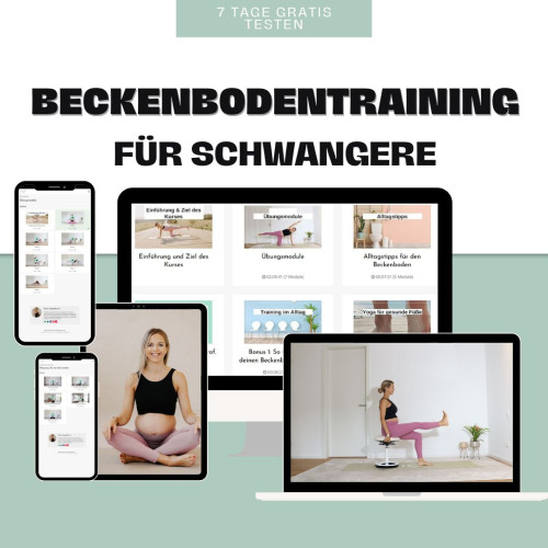 Beckenbodentraining Onlinekurs für Schwangere von Monkey Yoga 1 Mockup des Beckenbodentraining-Kurses mit Smartphone, Tablet und Laptop; Text 7 Tage gratis testen