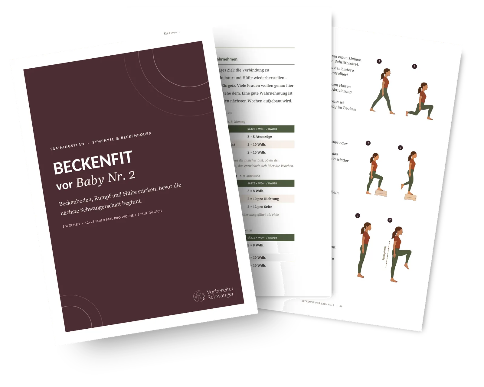 Beckenfit vor Baby Nr. 2 Trainingsplan mit Deckblatt, Übungsseiten und Illustrationen von Trainingsübungen