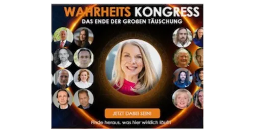 Ankündigungsposter für Wahrheits Kongress mit Moderatorin und Collage von Speaker-Porträts