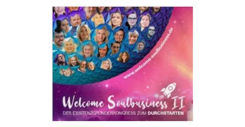 Ankündigungsposter für Welcome Soulbusiness II Online-Kongress mit bunten Teilnehmer-Porträts
