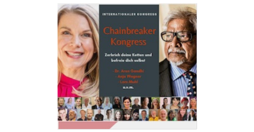Ankündigungsposter für Chainbreaker Kongress mit zwei Moderatoren und Speaker-Collage