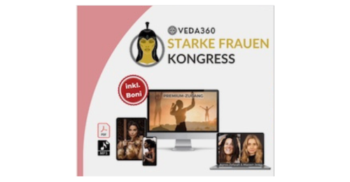 Kongress-Poster für Starke Frauen Kongress von VEDA360 mit Veranstalterin und digitalen Geräten