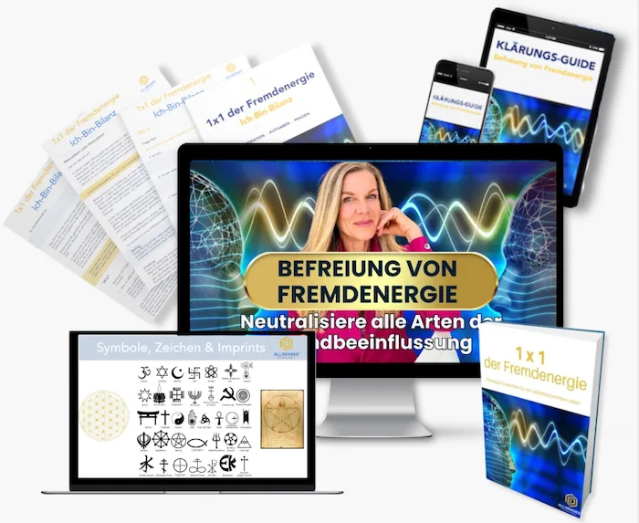 Masterkurs-Mockup mit Monitor, Laptop, Tablet, Smartphone und Kursmaterialien zum Thema Fremdenergie-Befreiung