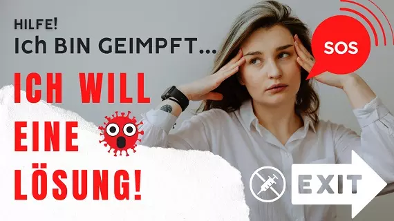 Frau in Distress mit Texten Hilfe, Ich bin geimpft, Ich will eine Lösung und SOS-Symbol