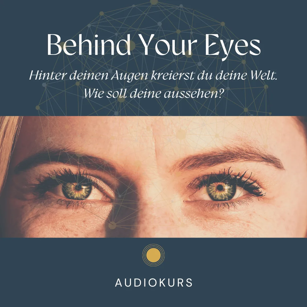 Quadratisches Mobile-Header-Bild für Behind Your Eyes mit goldenen Augen und Netzwerk-Grafik