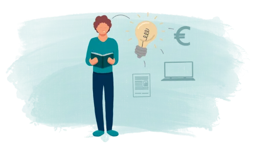 Illustration einer Person mit Glühbirne, Laptop und Euro-Symbol für Geschäftsideen