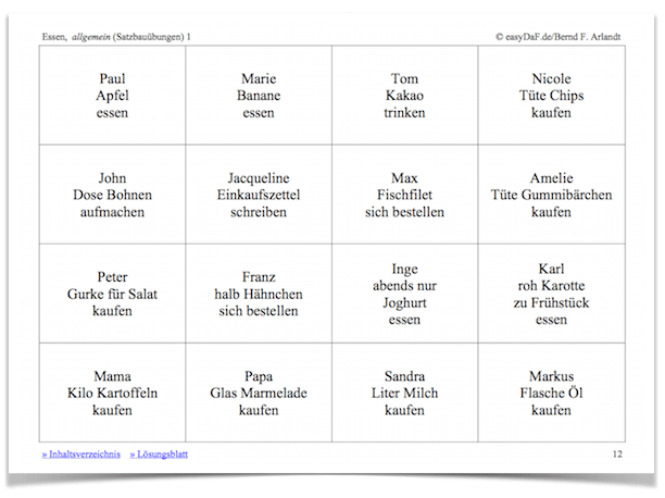 Arbeitsblatt-Screenshot Essen Allgemein Sätze mit Bildern von Personen und Speisen in Tabellenlayout