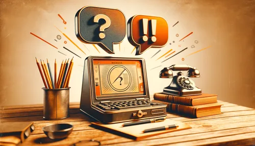 Schreibtisch mit vintage Laptop, Sprechblasen mit Frage- und Ausrufezeichen, Stifthalter, Telefon und Bücherstapel auf beigem