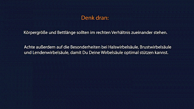Text auf dunklem Hintergrund mit Tipps zur Körpergröße und Bettwahl