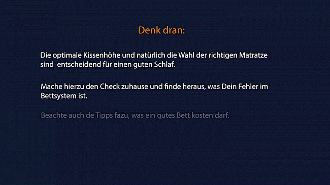 Text auf dunklem Hintergrund zu Kissenhöhe, Matratze und Bett-Kosten