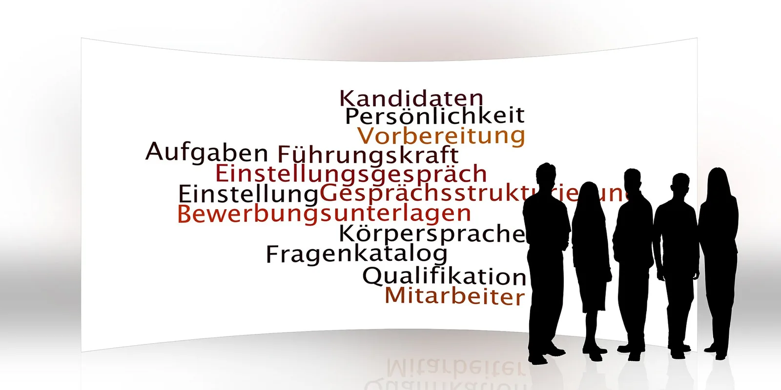 BeWERBUNG – Videokurs für Bewerber von Heinz G. Bader 3 Silhouetten von fünf Personen mit Bewerbungs-Schlüsselworten