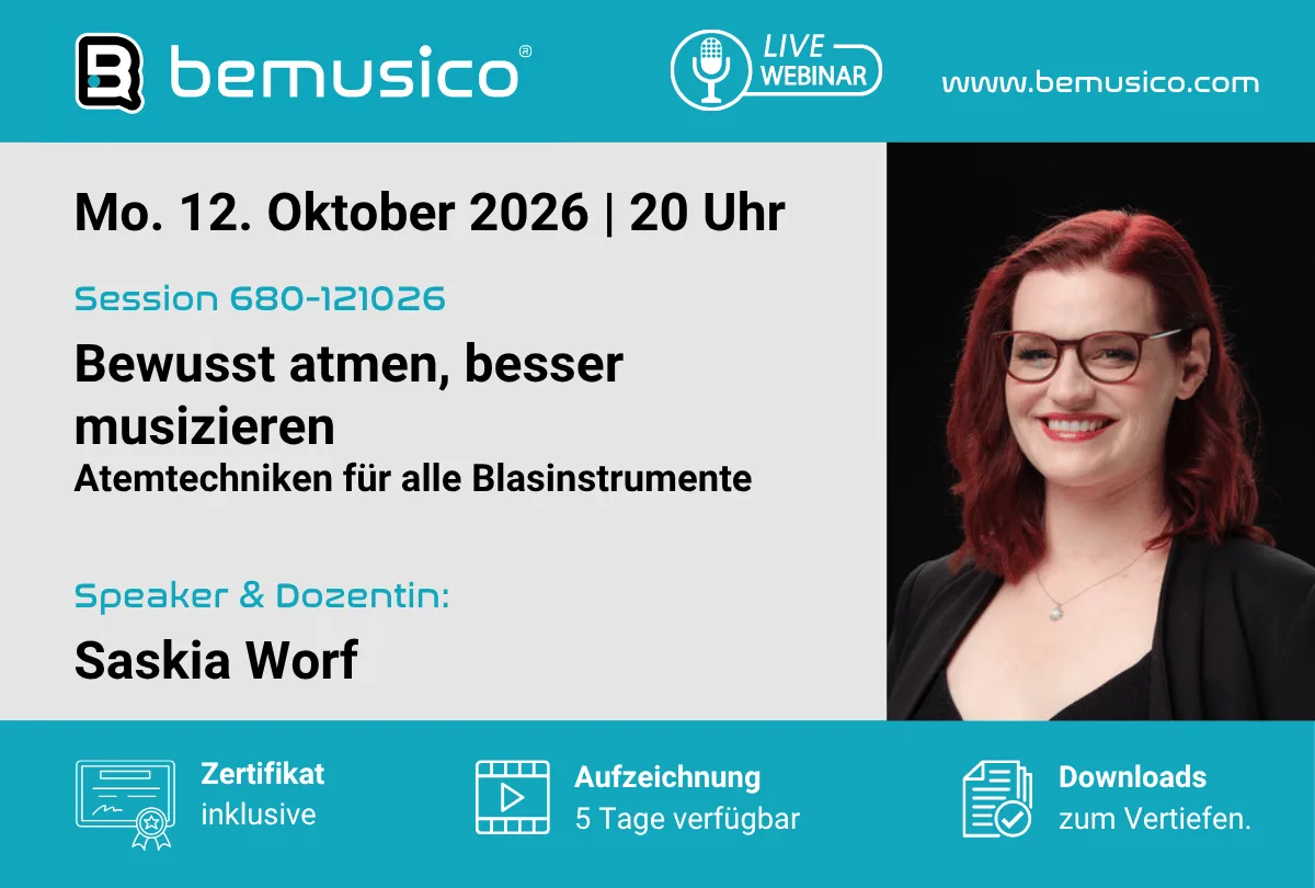 Hero-Banner Bewusst atmen besser musizieren mit Saskia Worf, Termin 12. Oktober 2026 20 Uhr