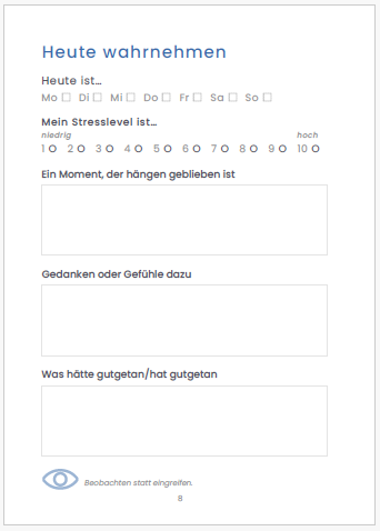 Workbook-Übungsseite Heute wahrnehmen zur Stressreflexion und persönlicher Reflexion