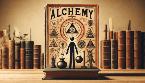 Alchemie-Buch mit menschlicher Figur, Symbolen und alten Büchern auf Regal in warmer Bibliotheks-Szenerie