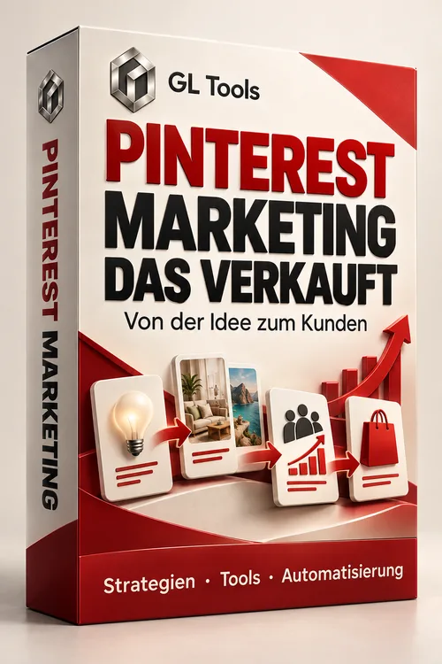 Produktbox Beyond Social Pro System Pinterest Marketing mit GL Tools Logo und roten Design-Elementen