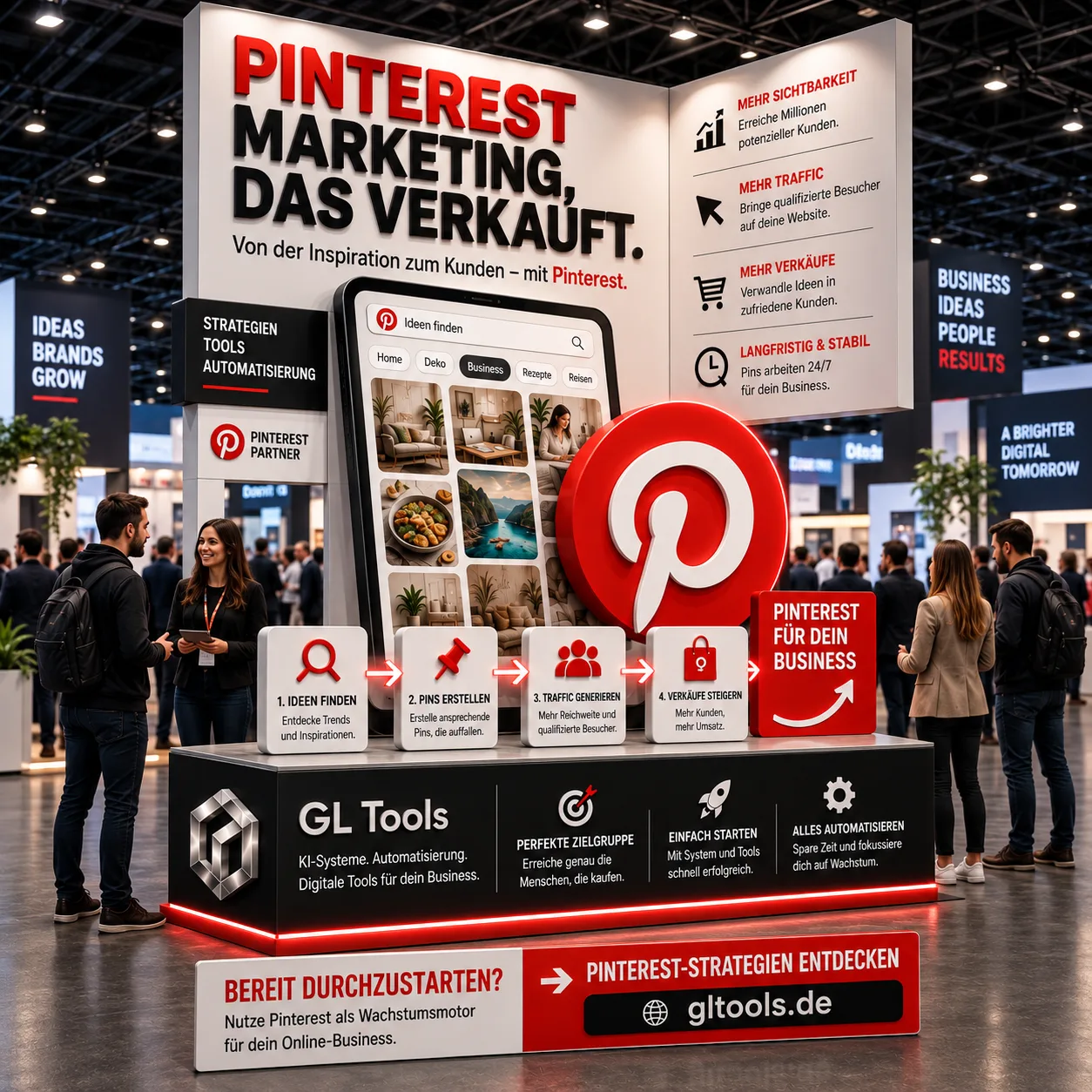 Messebooth mit Pinterest Marketing Ausstellung, großem Pinterest-Logo und Smartphone-Display