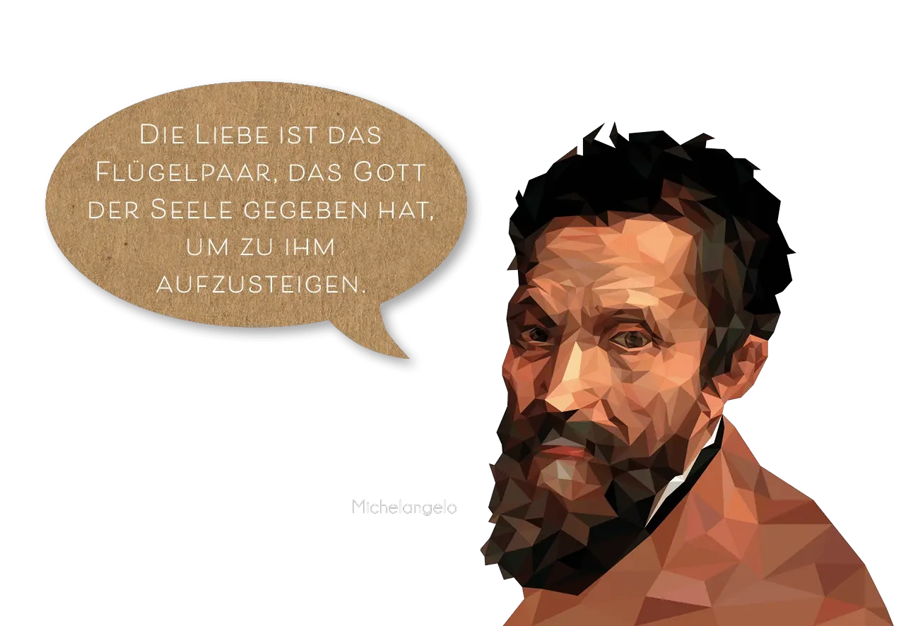 Michelangelo Porträt im Polygon-Stil mit Sprechblase zum Zitat über Liebe als Flügelpaar