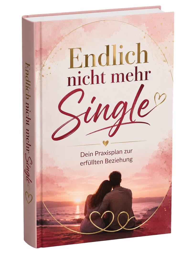 Buchcover Endlich nicht mehr Single mit Paar-Silhouette bei Sonnenuntergang, rosa und goldene Elemente