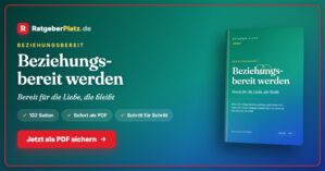 Hero-Banner für Beziehungsbereit werden eBook mit Ratgeberplatz-Logo, Buchtitel und Verkaufs-CTA