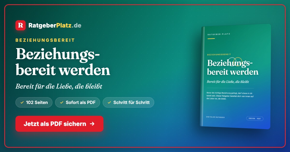 Hero-Banner für Beziehungsbereit werden eBook mit Ratgeberplatz-Logo, Buchtitel und Verkaufs-CTA