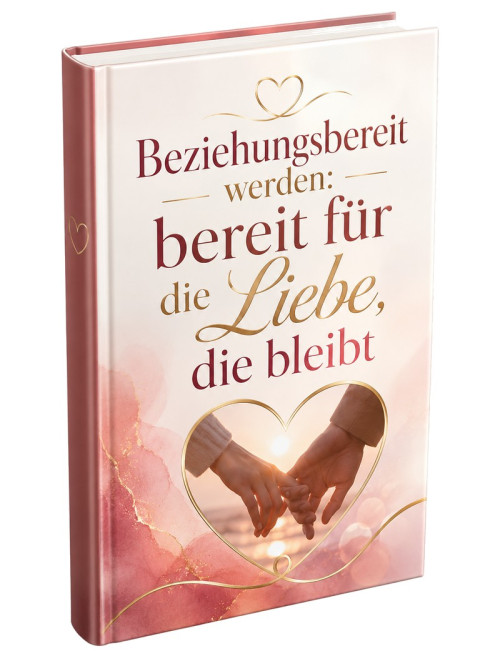 Produktabbildung Beziehungsbereit werden eBook mit Buch-Mockup, Paar-Motiv und goldenem Herz