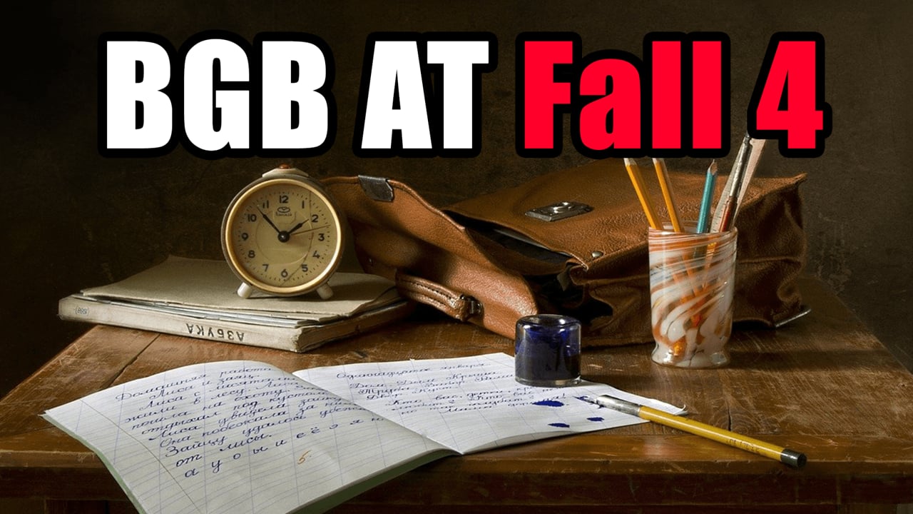 Videostandbild BGB AT Fall 4 mit Schreibtisch, Uhr, Notizbuch und juristischen Materialien