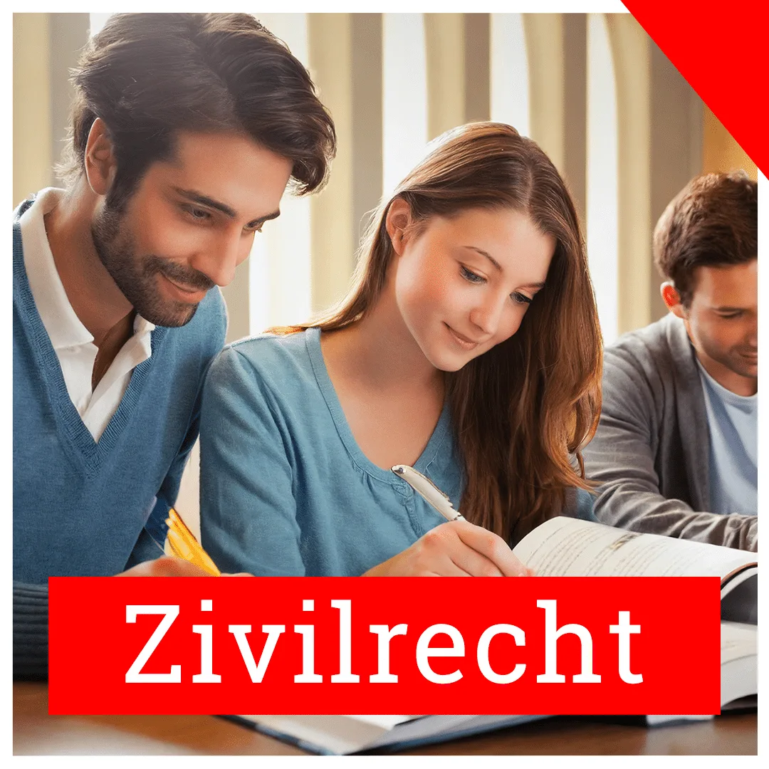 Zivilrecht Button mit drei Personen beim Studieren und rotem Balken mit Schriftzug
