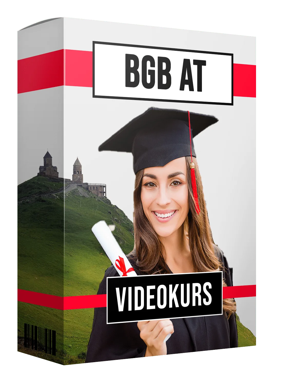 BGB AT Videokurs Produktbox mit Absolventin in Graduation Cap und Diplom, Schloss-Hintergrund