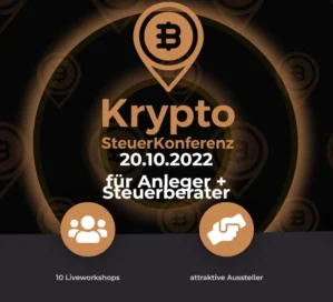 Krypto Steuerkonferenz Poster mit Bitcoin-Standort-Symbol, Datum 20.10.2022 für Anleger und Steuerberater