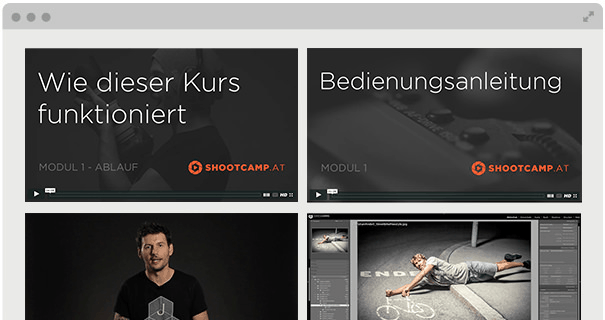 Kursmodul-Videos zum Thema "Wie dieser Kurs funktioniert" und "Bedienungsanleitung" von Shootcamp