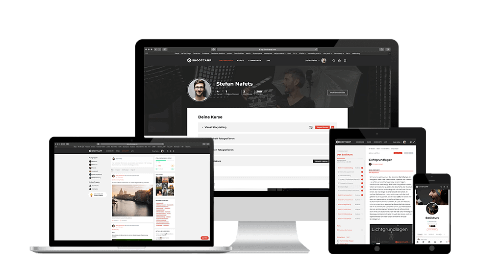 Shootcamp Kurs-Plattform mit Profil von Stefan Nafets und Kursinhalten auf verschiedenen Geräten