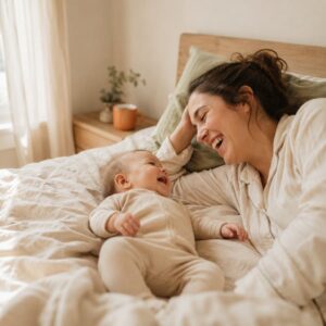 Mama lacht mit ihrem Baby auf dem Bett