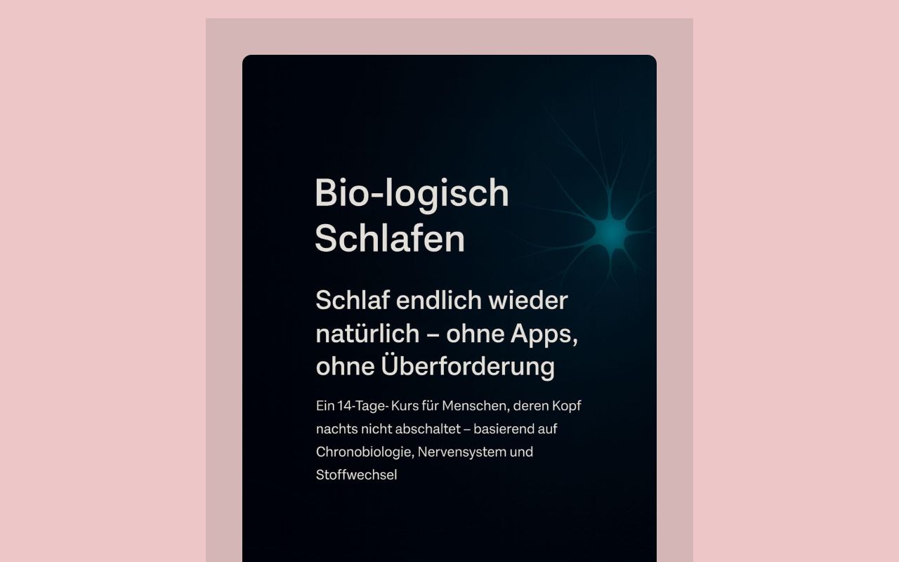 Hero-Banner Bio-logisch Schlafen mit Titel und Kursbeschreibung auf dunklem Hintergrund
