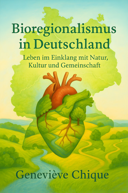 E-Book Cover Bioregionalismus in Deutschland mit Herz-Anatomie über Landschaftsszenerie und Deutschlandkarte