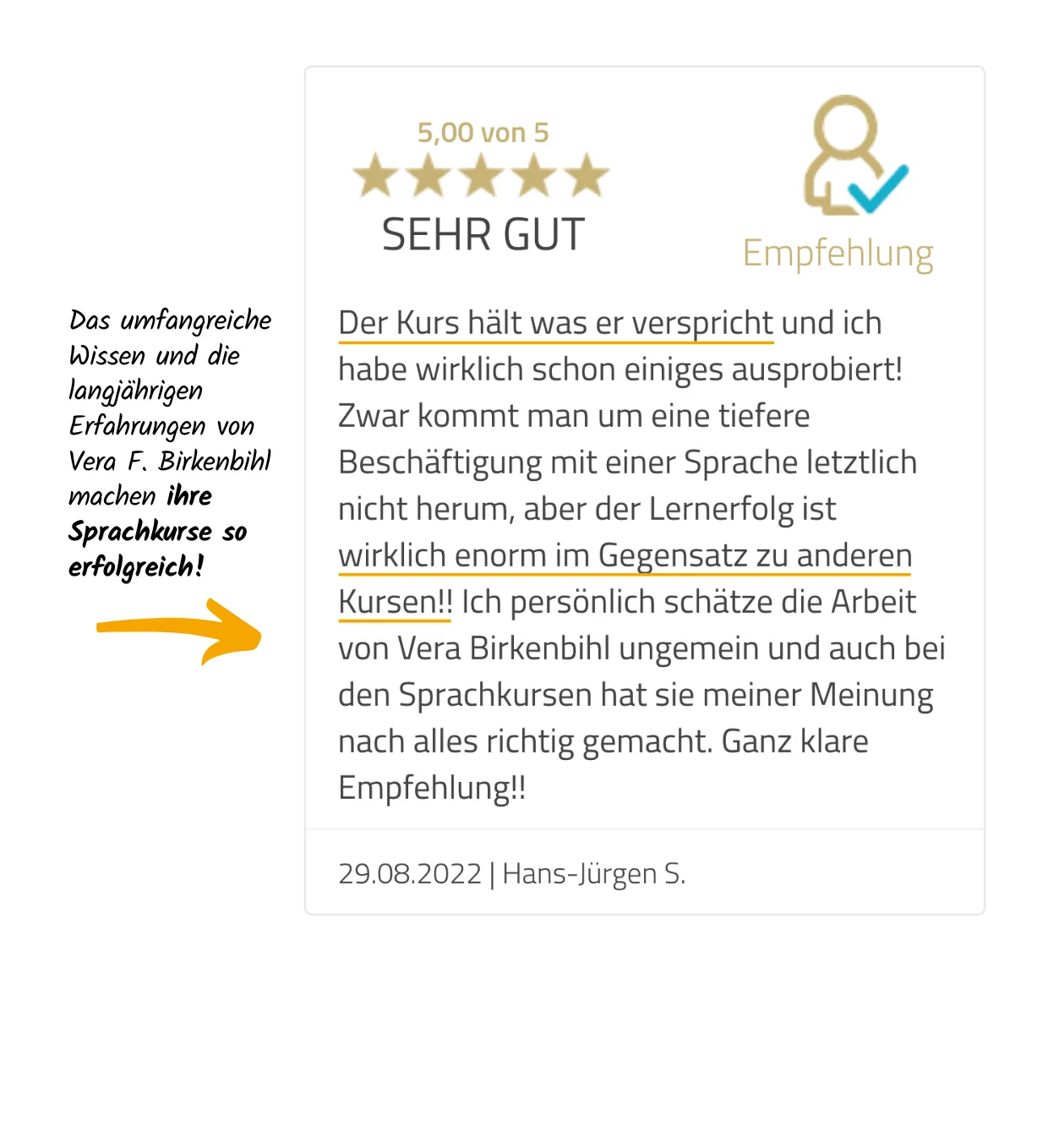 5-Sterne-Kundenbewertung für Birkenbihl-Sprachkurs von Hans-Jürgen S., der enormen Lernerfolg und Vera Birkenbiehls Arbeit sc