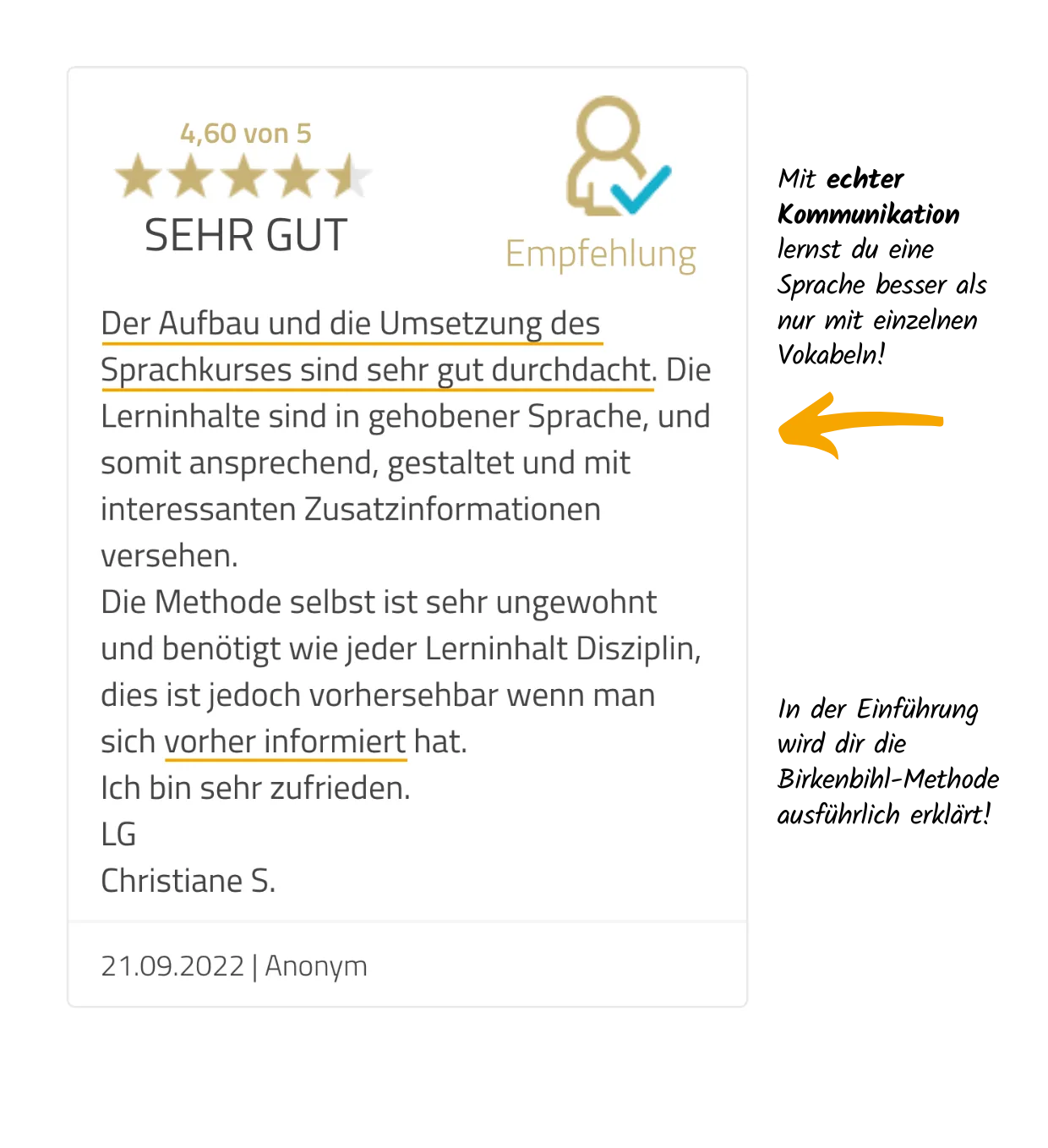 4,60-Sterne-Bewertung von Christiane S. für Birkenbihl-Sprachkurs mit Lob für Aufbau und echte Kommunikation mit Muttersprach