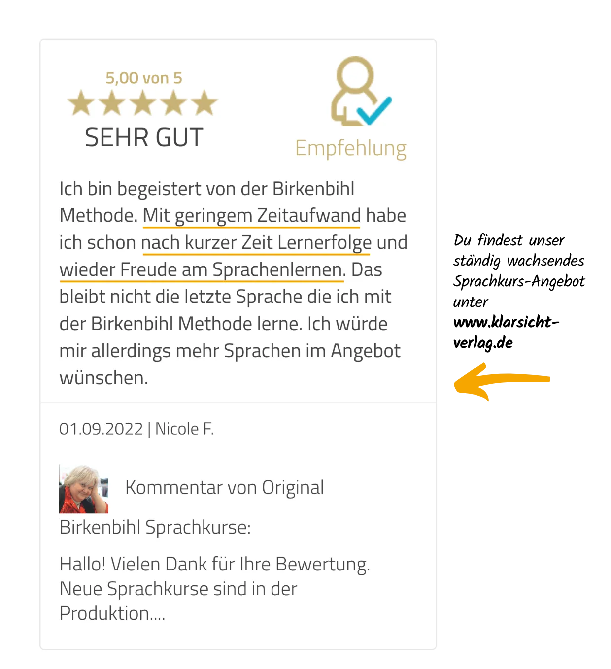 5-Sterne-Bewertung von Nicole F. für Birkenbiohl-Sprachkurs mit Lob für schnelle Lernerfolge und geringen Zeitaufwand