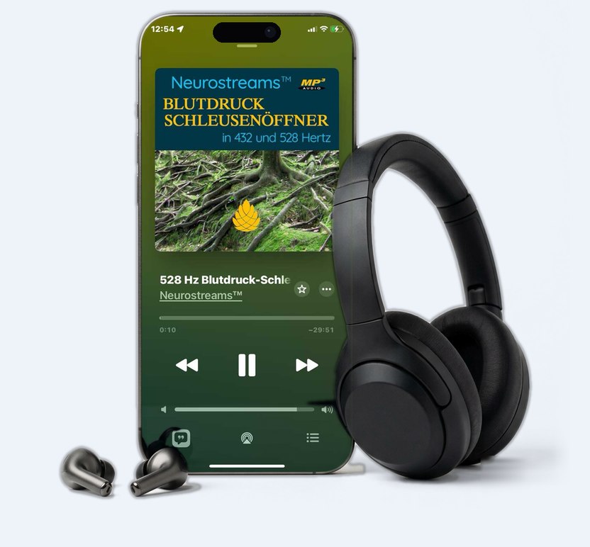 Smartphone mit Neurostreams Blutdruck-Schleusenöffner App und schwarzem Over-Ear-Kopfhörer