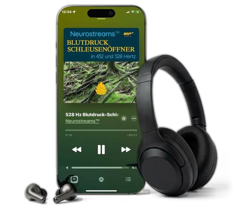 Smartphone mit Neurostreams Blutdruck-Schleusenöffner App und schwarzem Kopfhörer