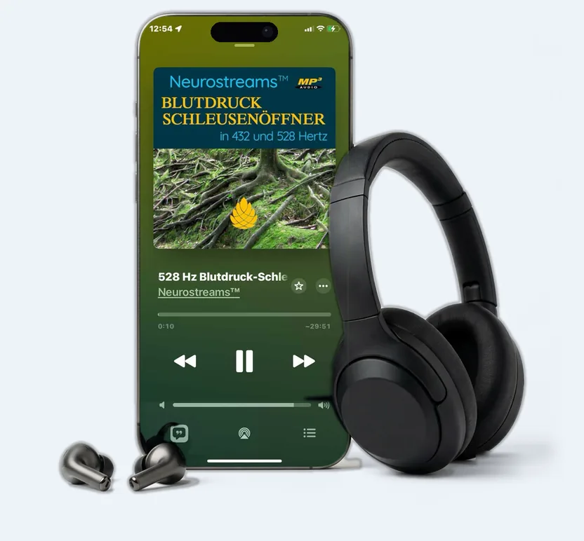 Neurostreams Blutdruck-Schleusenöffner App mit Smartphone und Over-Ear-Kopfhörern