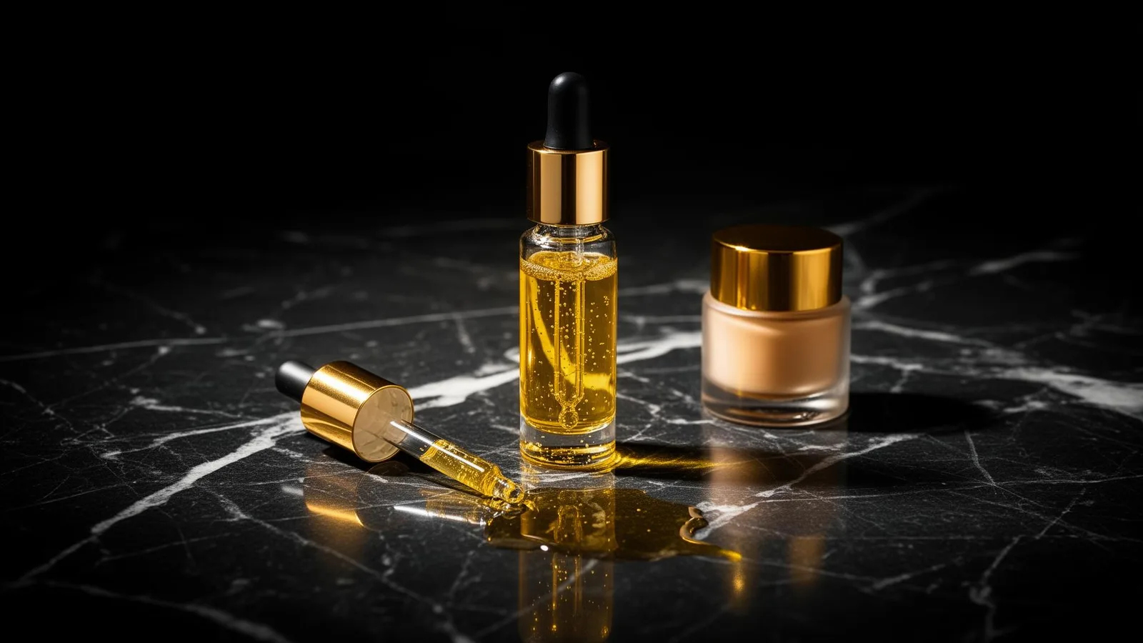 Luxus-Beauty-Produkte mit goldenem Serum und Foundation auf schwarzem Marmor