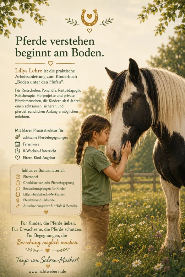 Informationsseite Boden unter den Hufen mit Mädchen beim Streicheln eines Pferdes