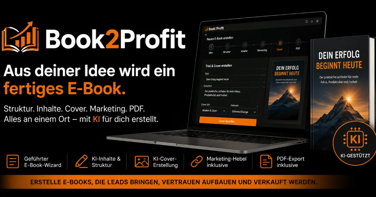 Book2Profit Hero-Banner zeigt KI-Plattform mit Laptop, E-Book-Interface und Erfolgs-Graphic