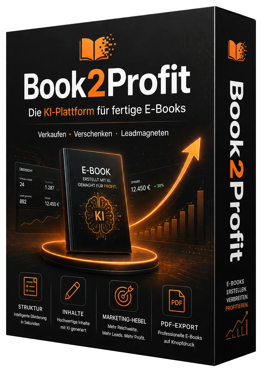 Book2Profit Produktbox mit E-Book-Mockup, Statistiken, Icons für Features und orangefarbenem Design