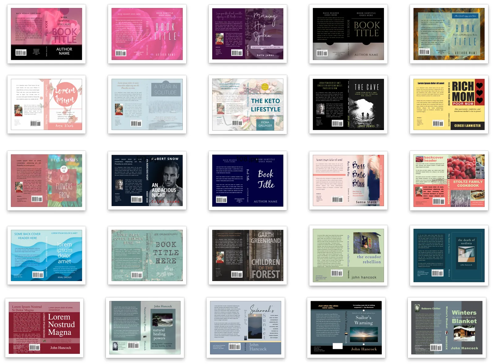 Galerie von 25 verschiedenen Buchcover-Designs mit unterschiedlichen Stilen und Farben