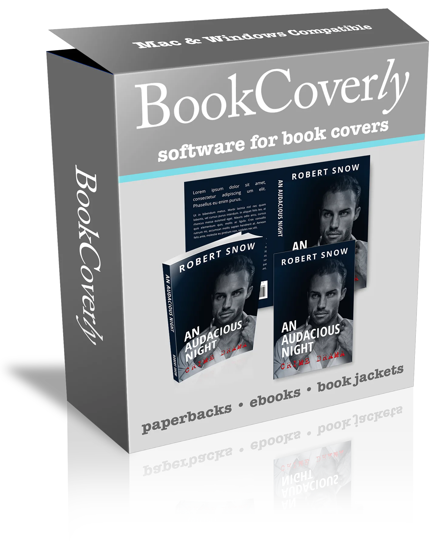 BookCoverly Software Produktverpackung mit Beispiel-Buchcover An Audacious Night