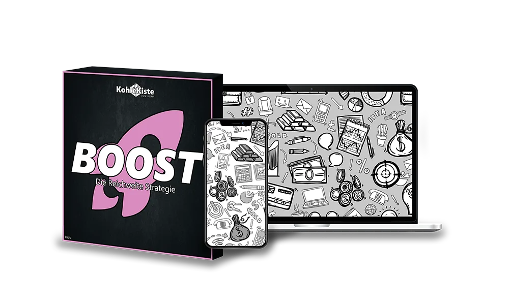 Boost E-Book und Laptop-Bildschirm mit Kurs-Inhalten, schwarze Box mit pinkem Logo